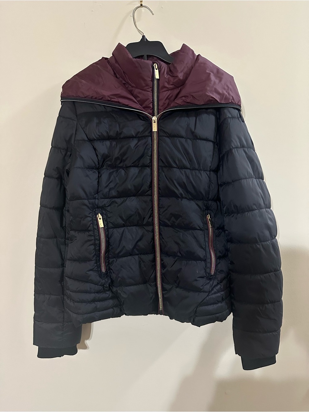 Marc New York Black Quilted Puffer Jacket with Plum Collar